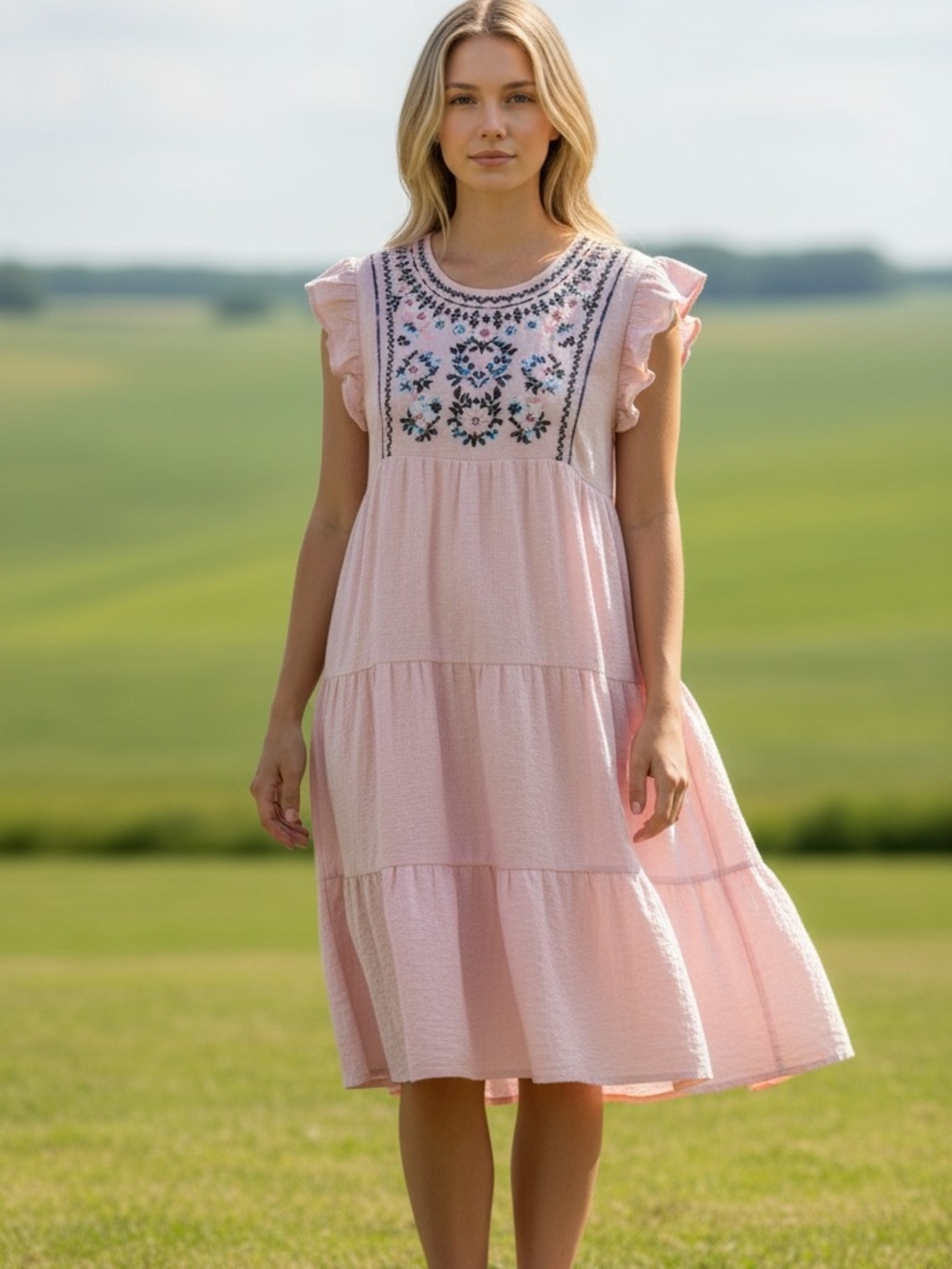 New Knox Rose Blush Pink Embroidered Ruffle-Sleeve Midi Dress Size Med